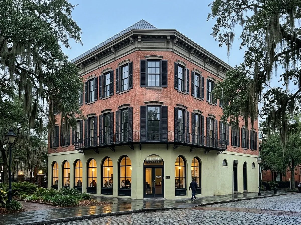 The building at dawn, wet cobblestones