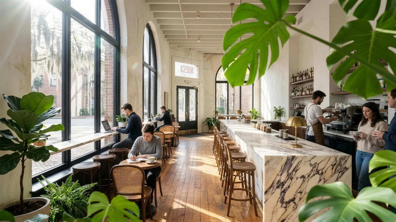 Morning light through the arched windows, people working at the counter
