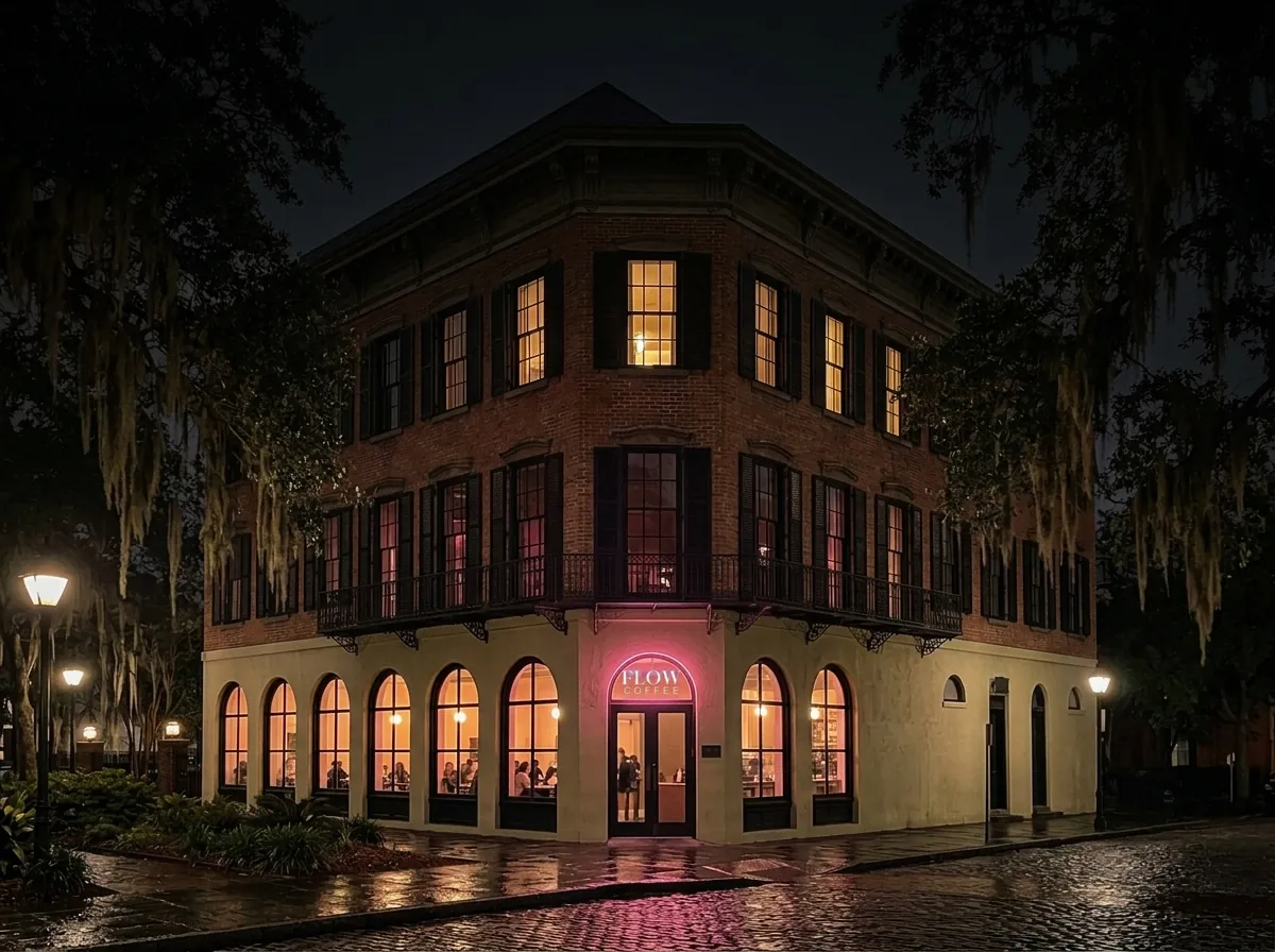 The building after dark, the corner glowing rose