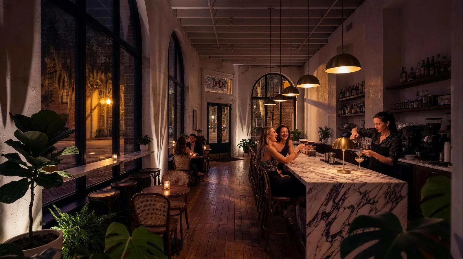 The same room after dark, lit low, espresso martinis at the marble bar