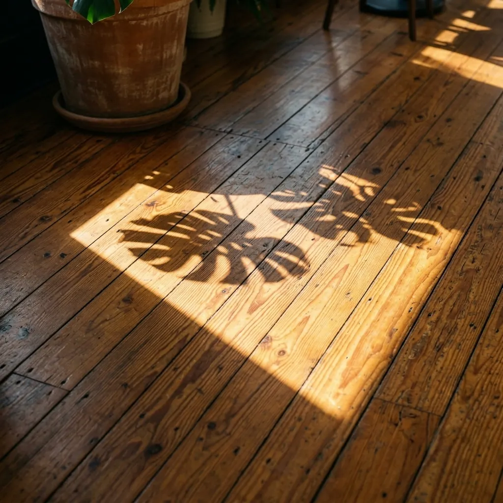 Monstera shadow across heart pine floorboards