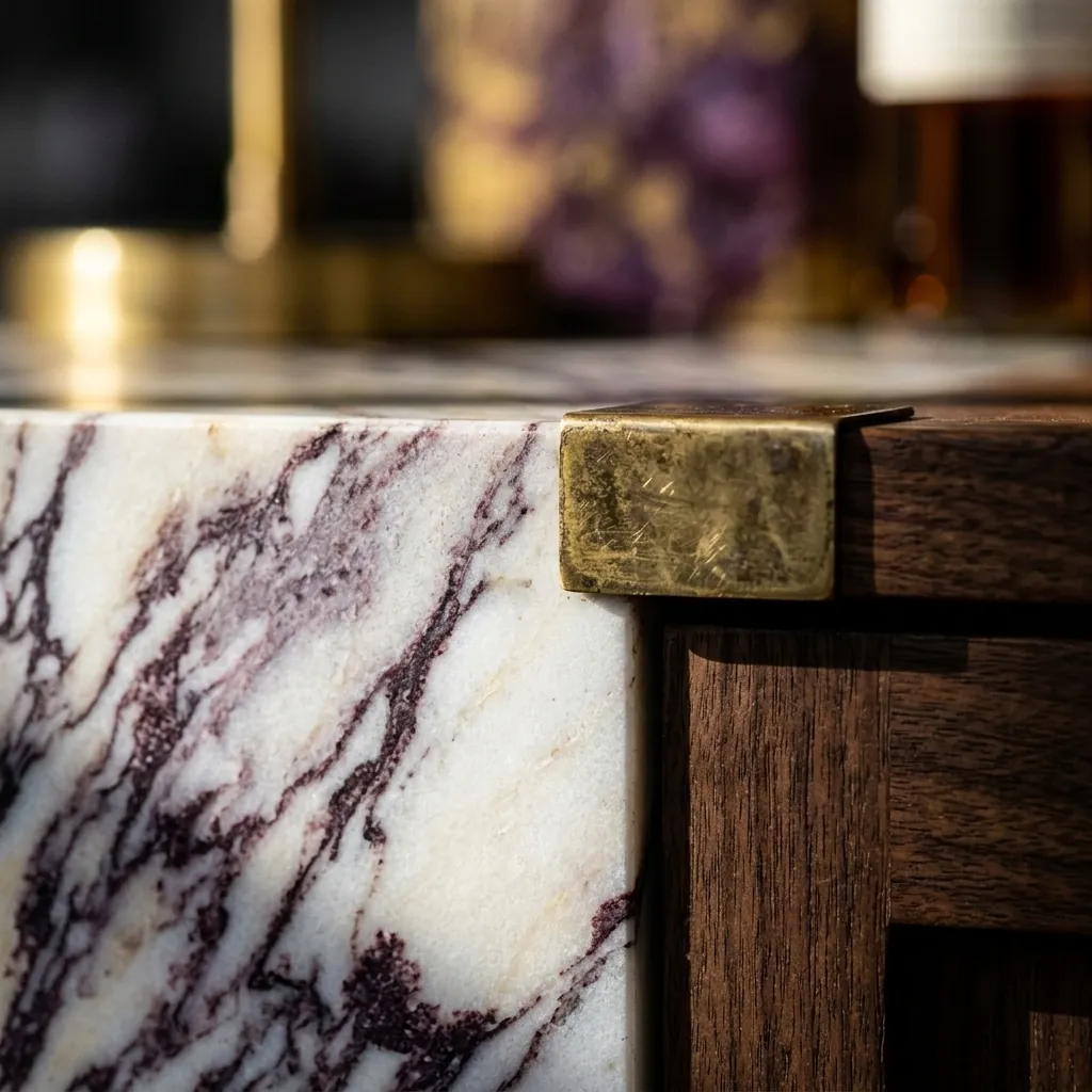 Calacatta Viola marble meeting brass and walnut